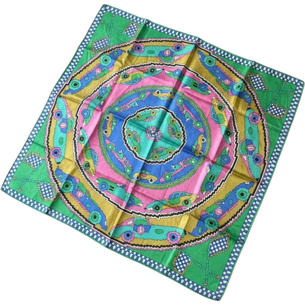 Vintage Silky Boho Chic Aztec Southwest Oversized Square Scarf Green Pink Blue